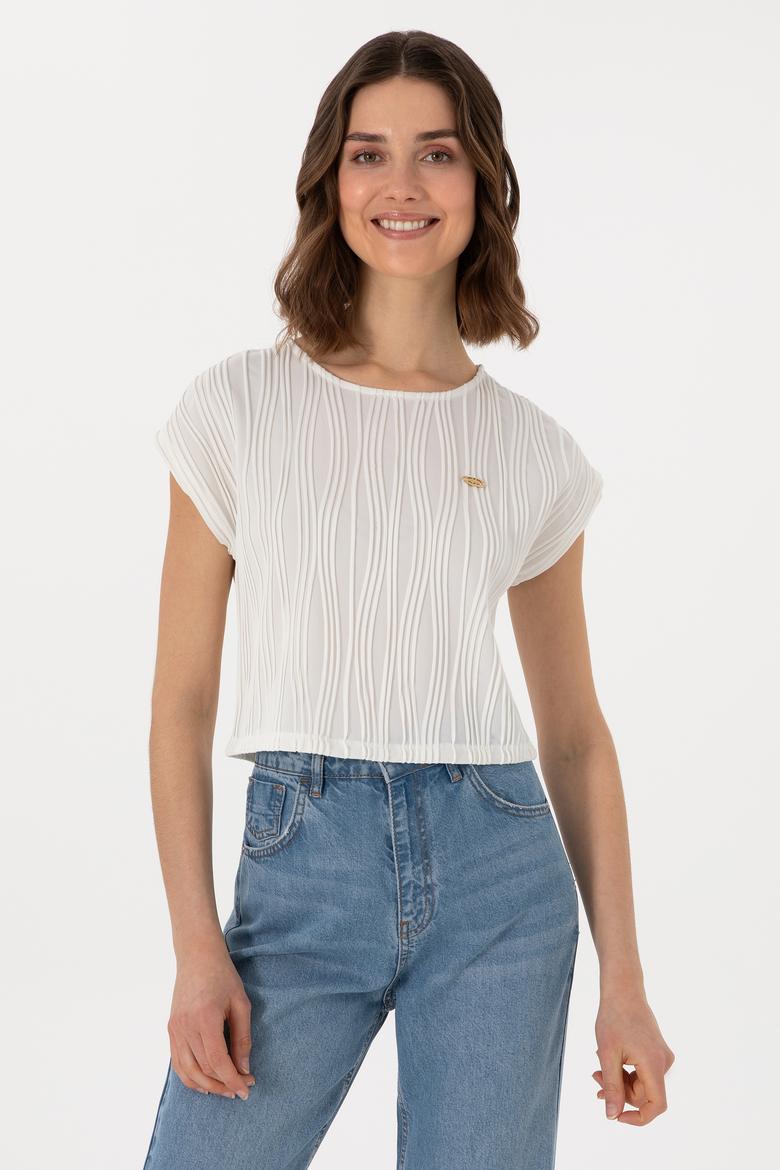 Kadın Beyaz Crop Bisiklet Yaka Tişört