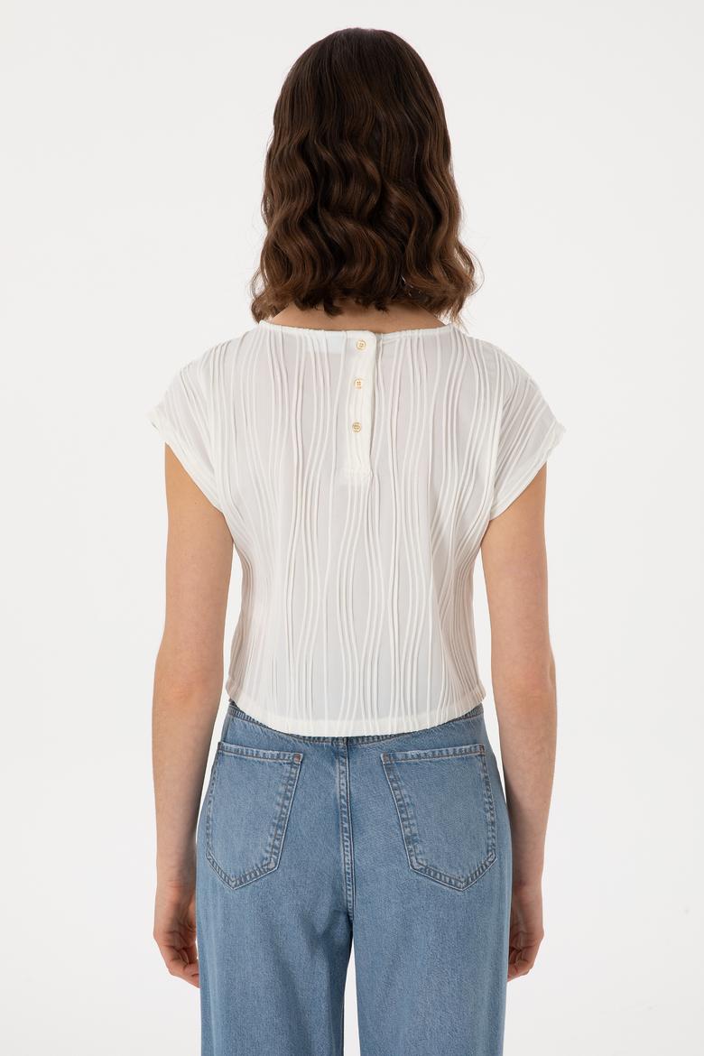 Kadın Beyaz Crop Bisiklet Yaka Tişört - 50299812012