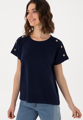 Kadın Lacivert Bisiklet Yaka Tişört - 50300737012