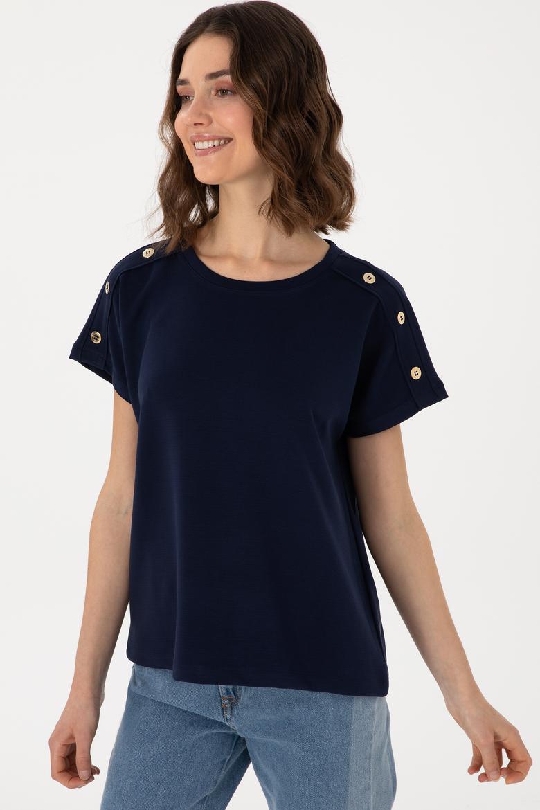 Kadın Lacivert Bisiklet Yaka Tişört - 50300737012