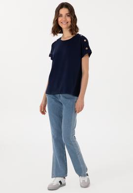 Kadın Lacivert Bisiklet Yaka Tişört - 50300737012