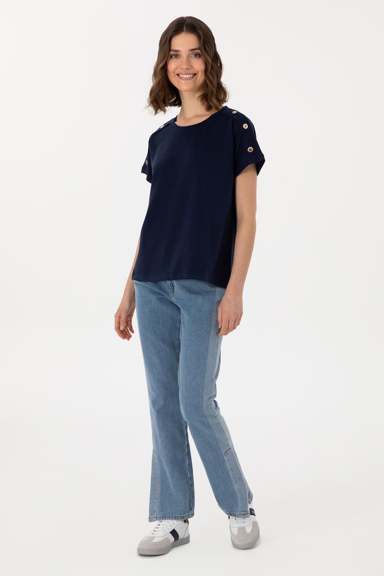 Kadın Lacivert Bisiklet Yaka Tişört - 50300737012