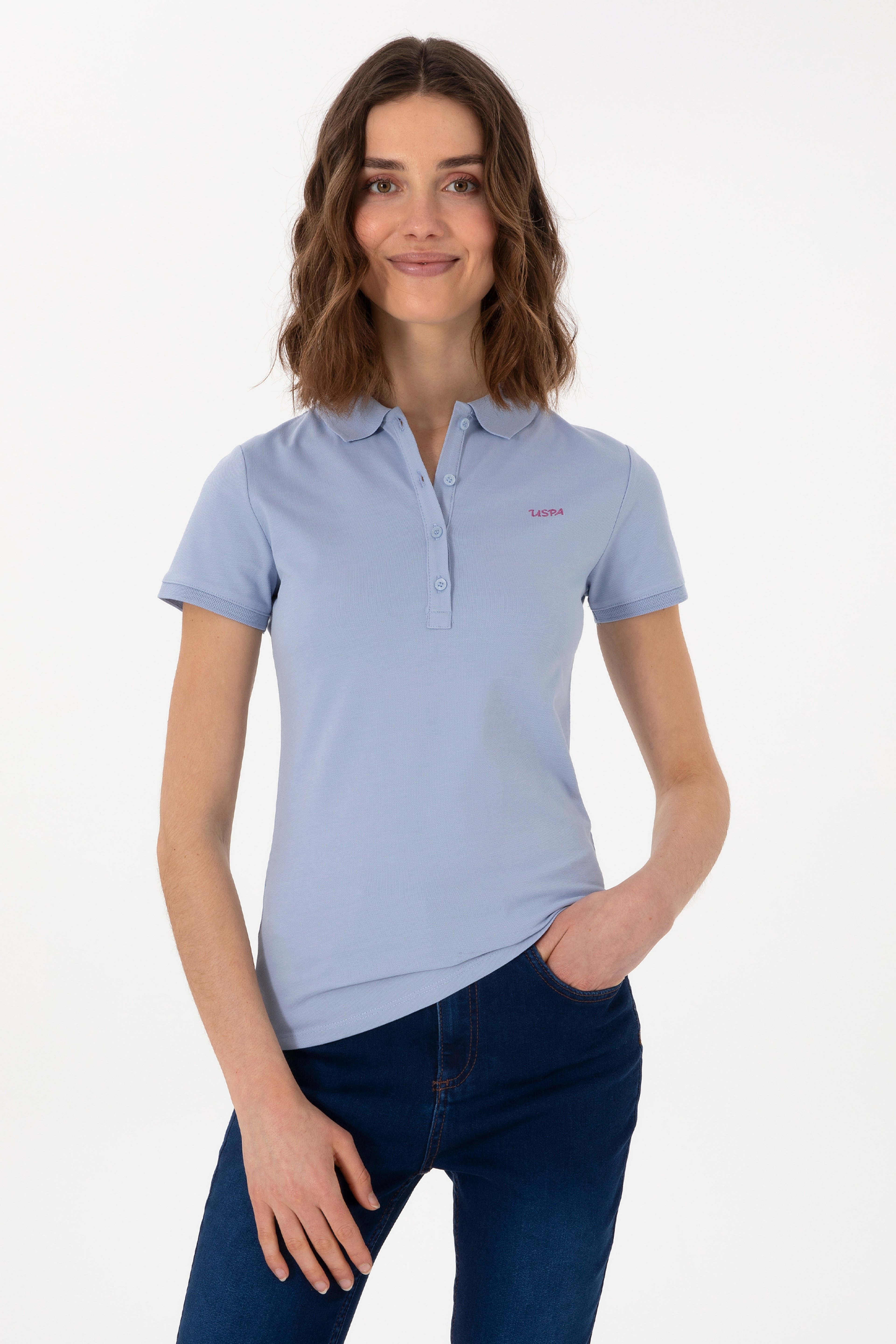 Kadın Açık Mavi Basic Polo Yaka Tişört - Image 1