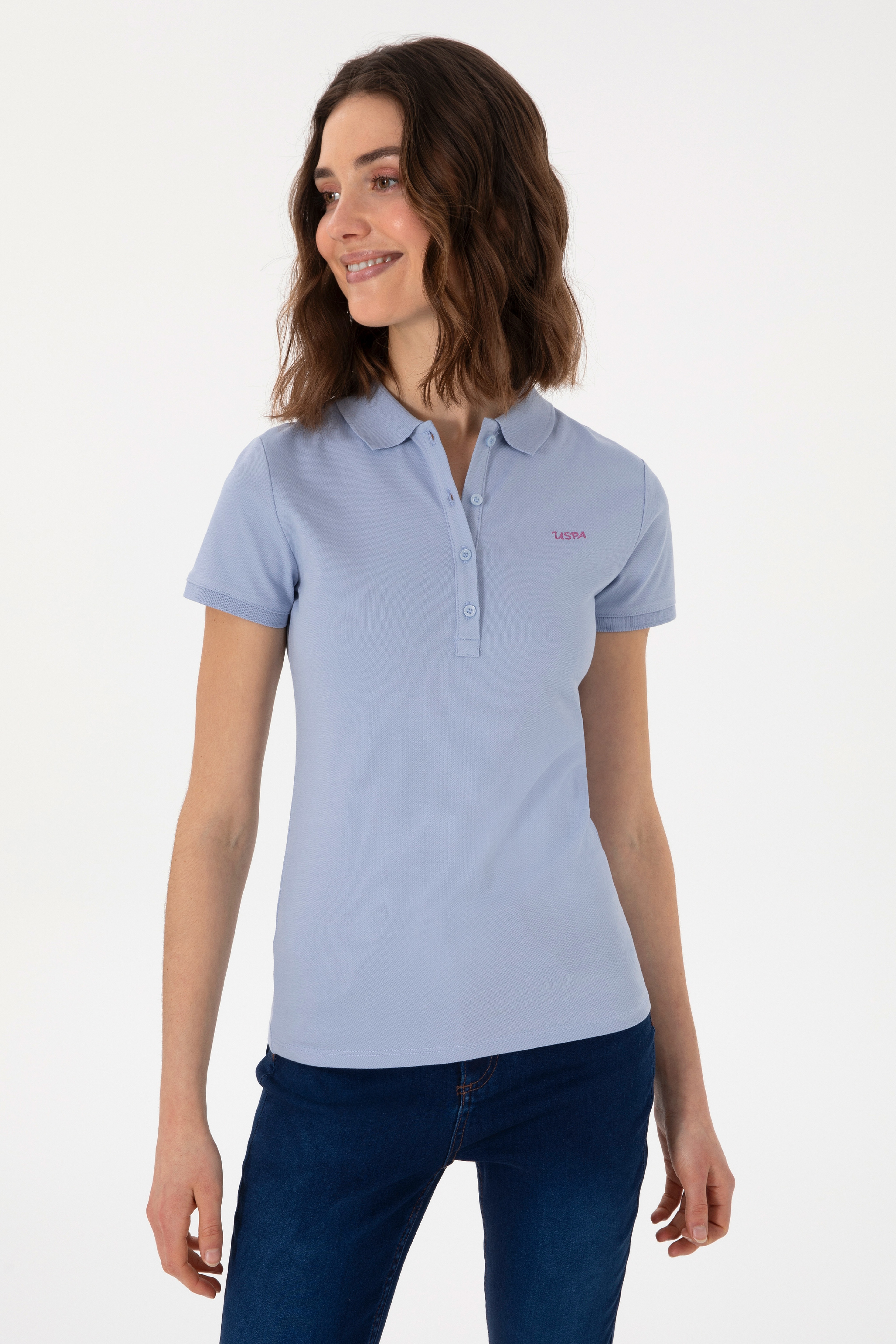 Kadın Açık Mavi Basic Polo Yaka Tişört - Image 2