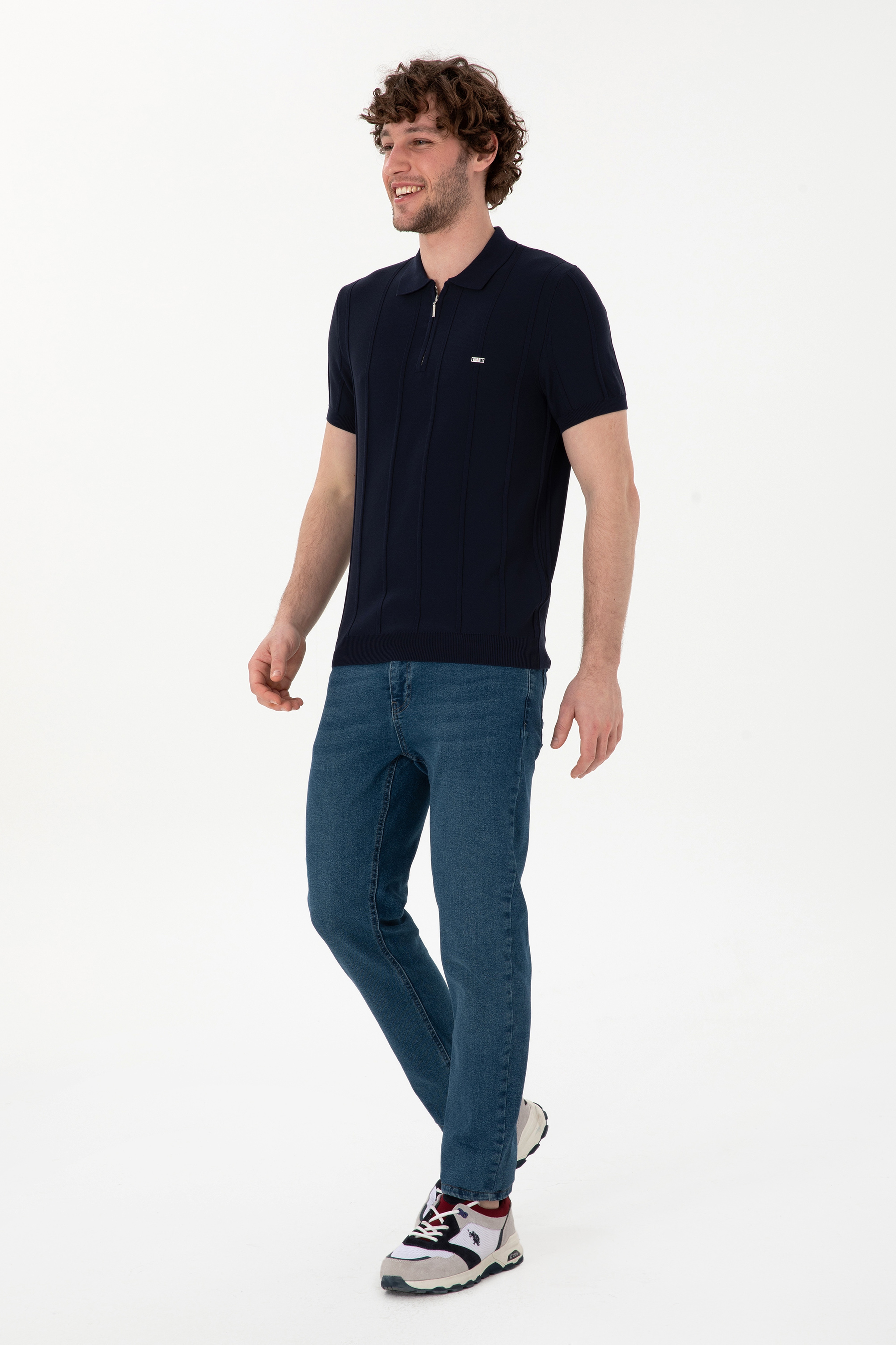 Erkek Slim Fit Polo Yaka Lacivert Tişört - Image 4