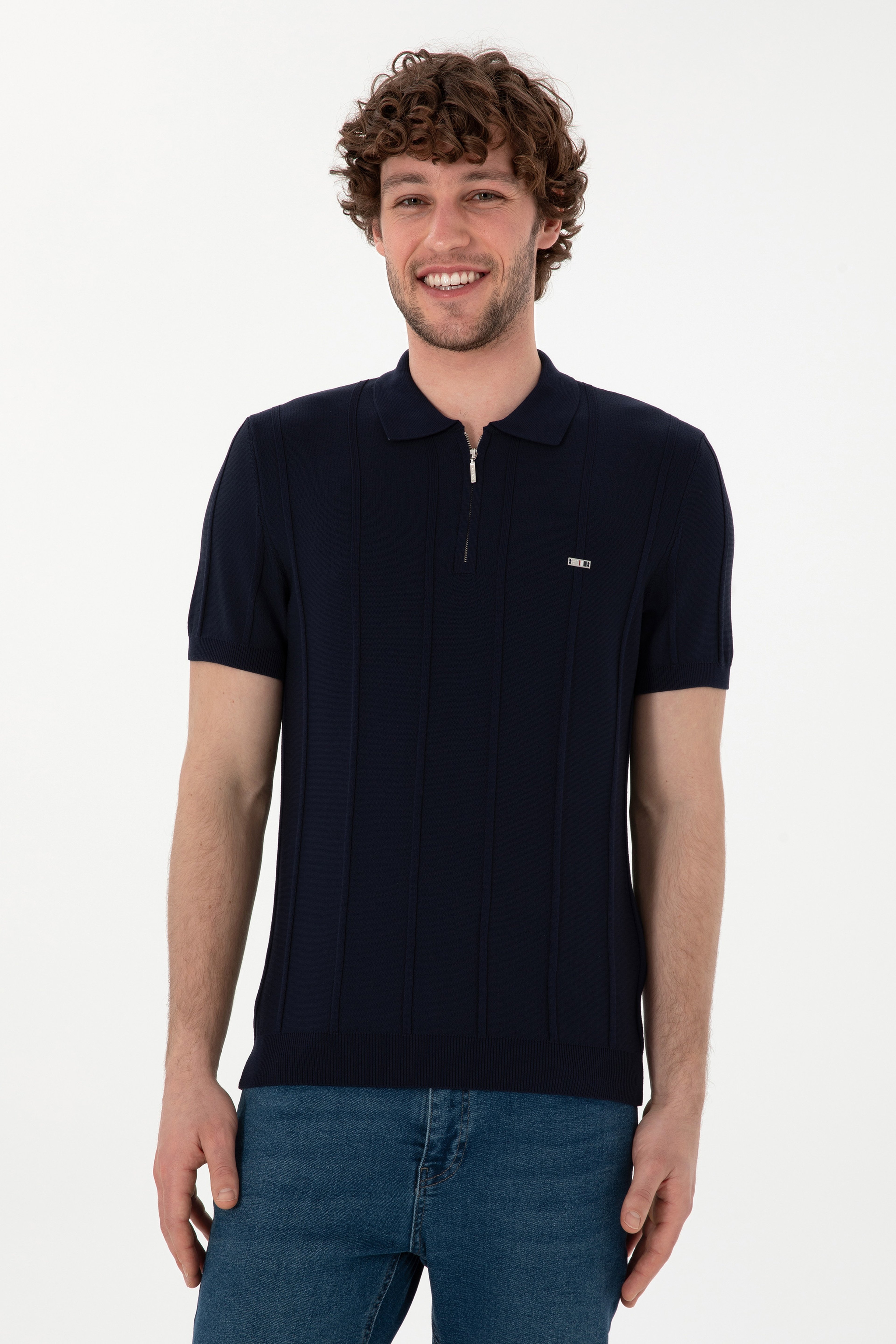 Erkek Slim Fit Polo Yaka Lacivert Tişört - Image 1
