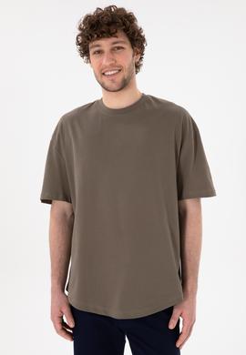 Erkek Long Fit Bisiklet Yaka Vizon Basic Tişört - 50305988067