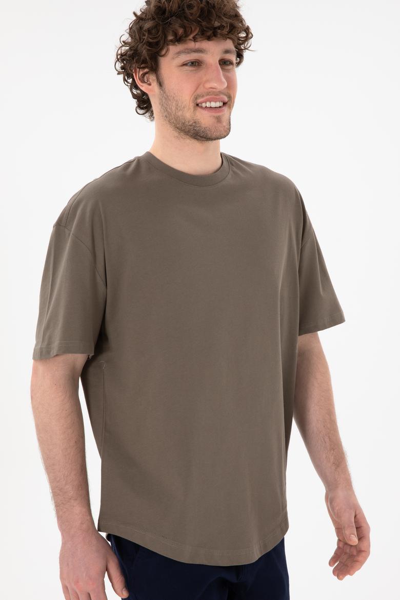 Erkek Long Fit Bisiklet Yaka Vizon Basic Tişört - 50305988067