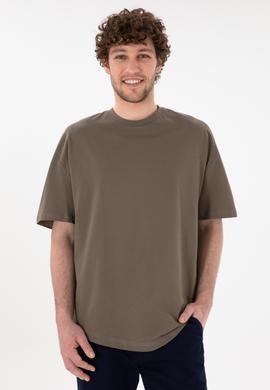 Erkek Long Fit Bisiklet Yaka Vizon Basic Tişört - 50305988067