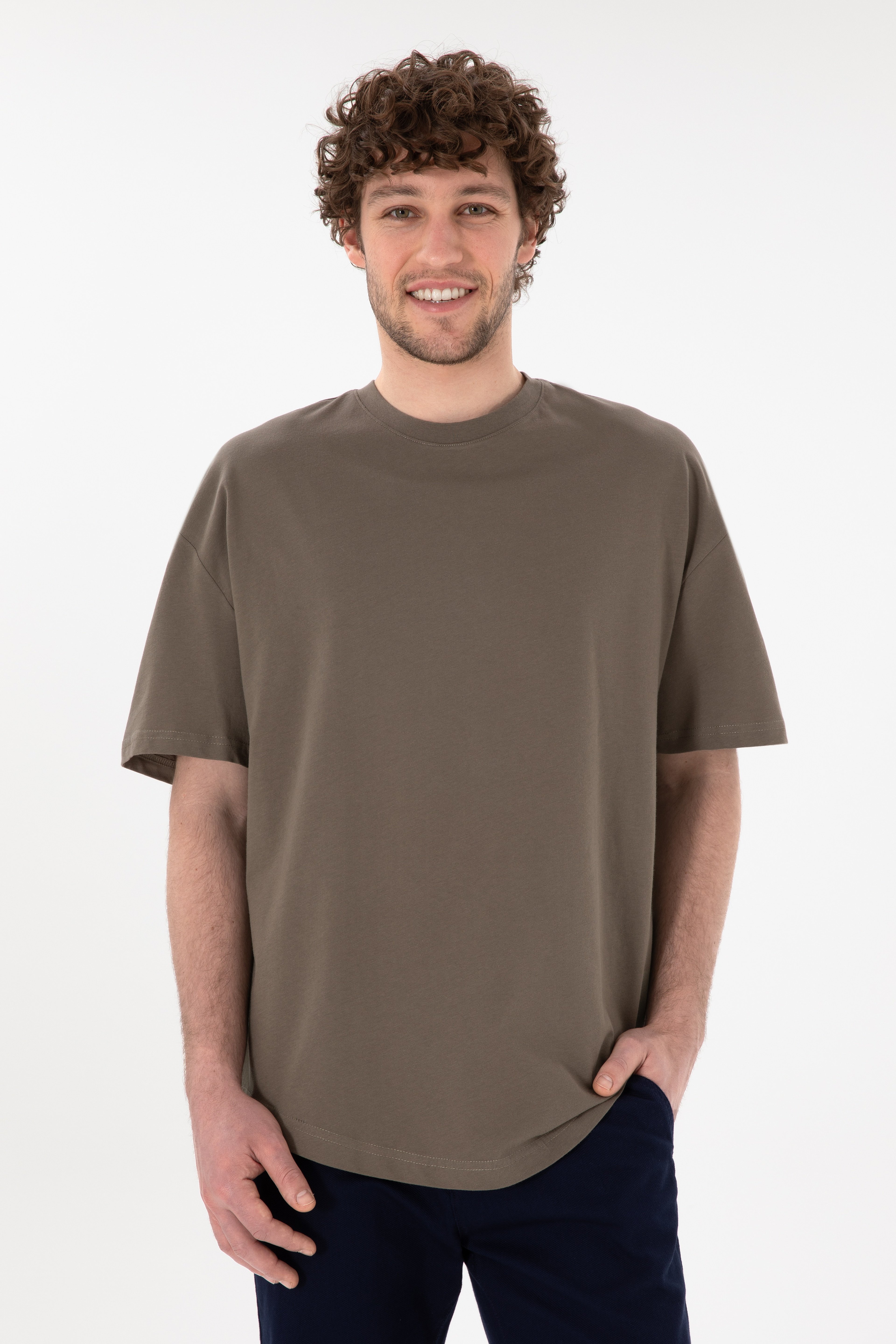 Erkek Long Fit Bisiklet Yaka Vizon Basic Tişört - Image 1