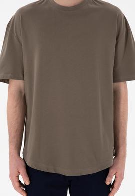 Erkek Long Fit Bisiklet Yaka Vizon Basic Tişört - 50305988067