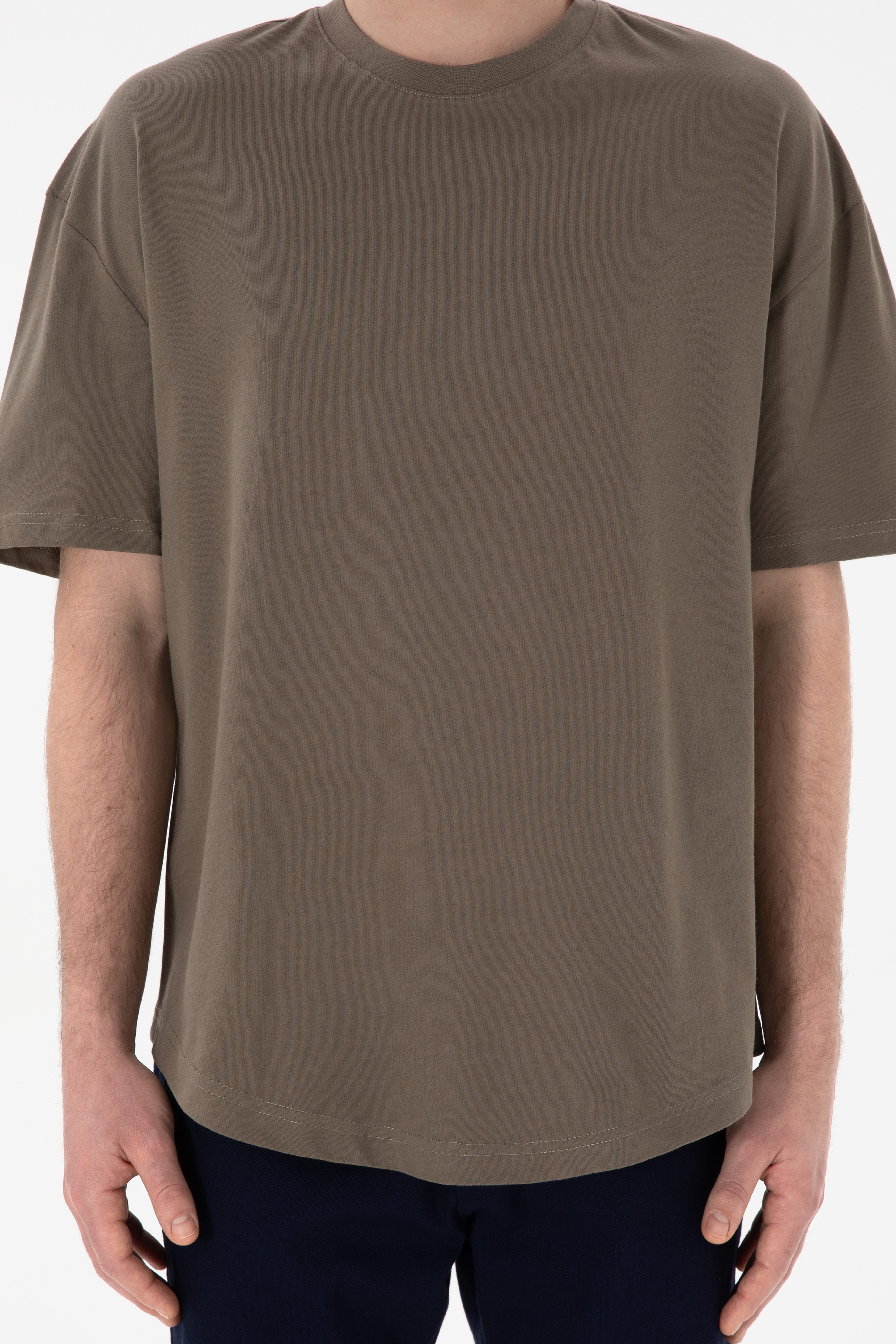 Erkek Long Fit Bisiklet Yaka Vizon Basic Tişört - Image 7
