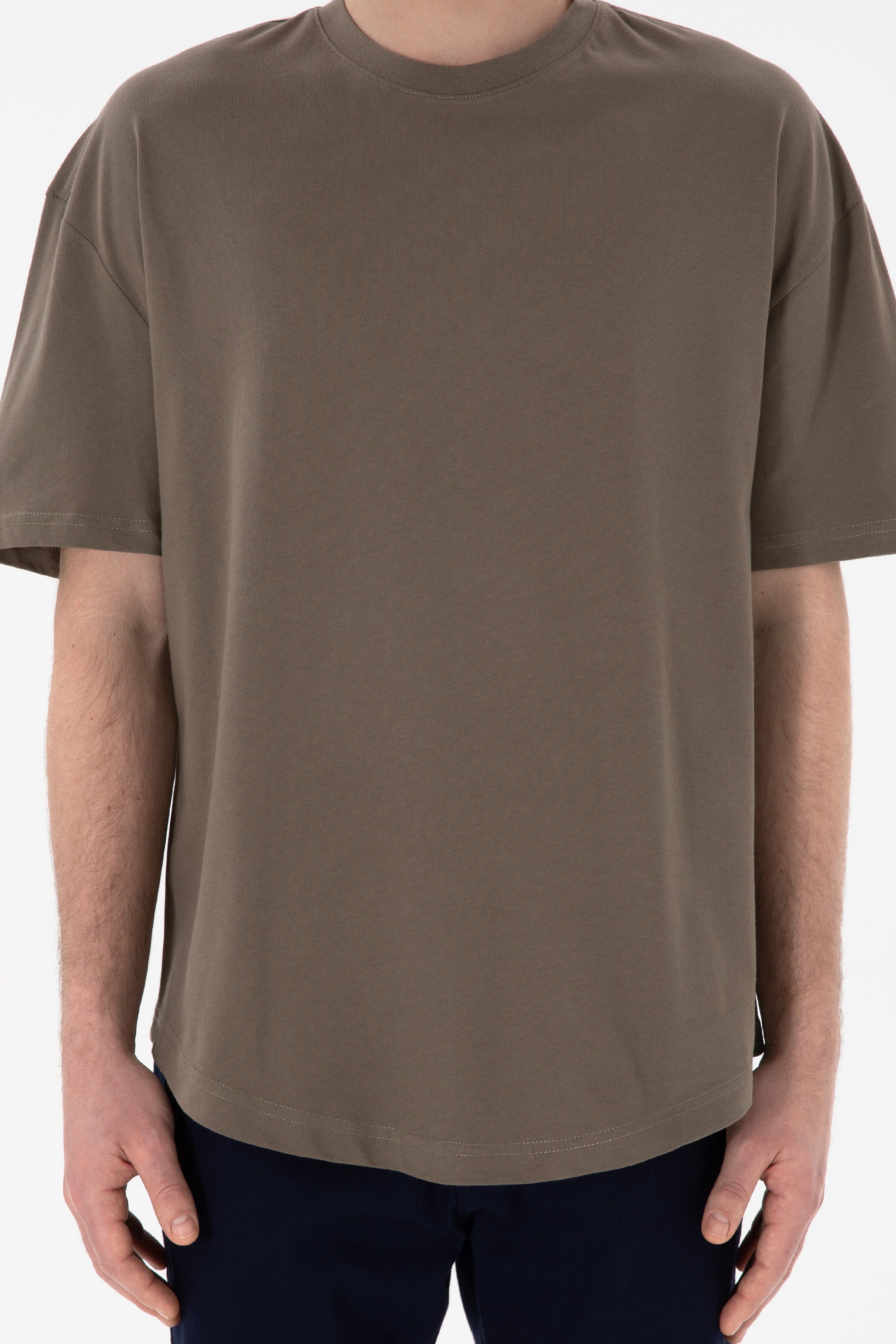 Erkek Long Fit Bisiklet Yaka Vizon Basic Tişört