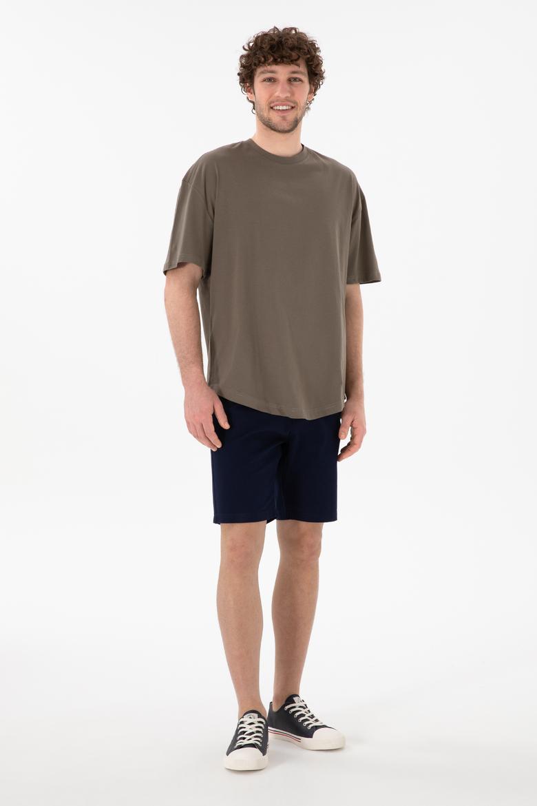 Erkek Long Fit Bisiklet Yaka Vizon Basic Tişört - 50305988067