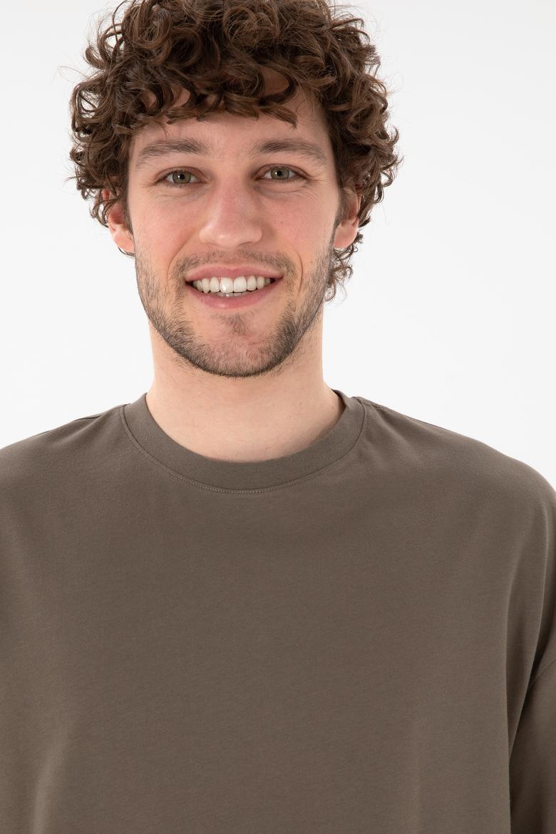 Erkek Long Fit Bisiklet Yaka Vizon Basic Tişört - 50305988067