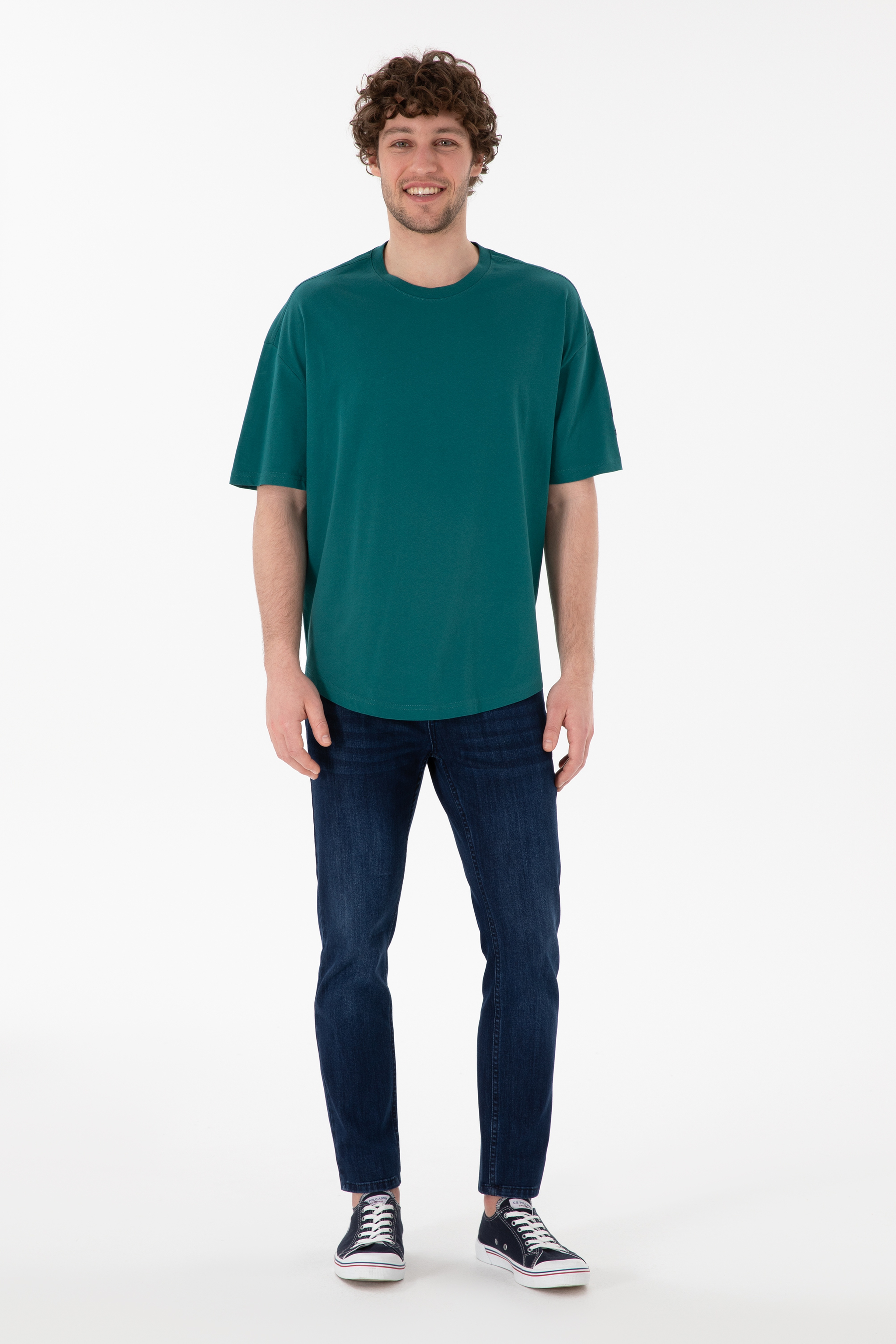 Erkek Long Fit Bisiklet Yaka Koyu Yeşil Basic Tişört - Image 5
