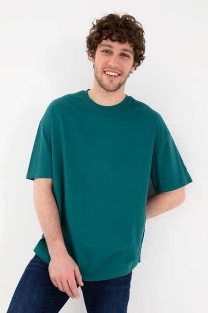 Erkek Long Fit Bisiklet Yaka Koyu Yeşil Basic Tişört