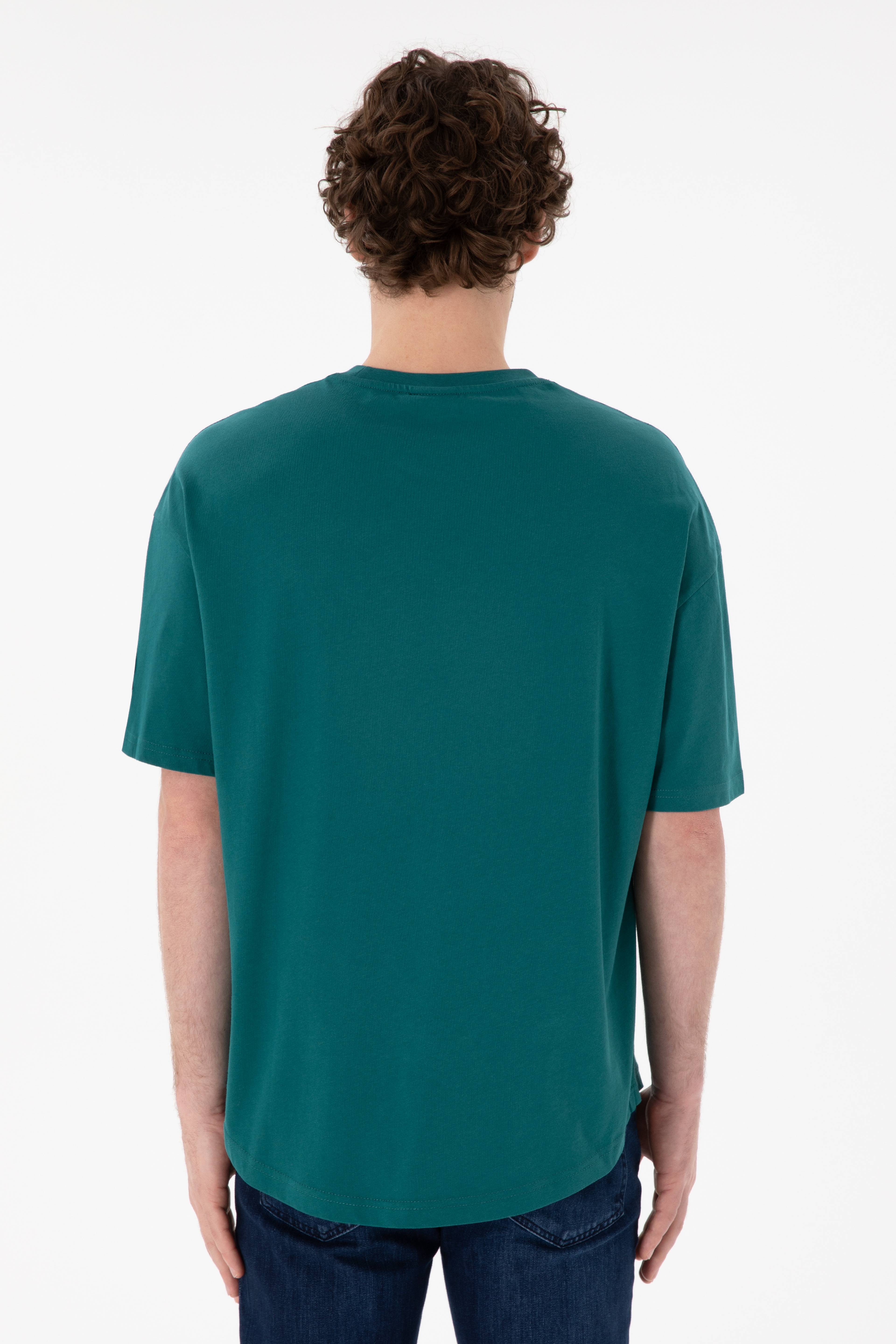 Erkek Long Fit Bisiklet Yaka Koyu Yeşil Basic Tişört - Image 6
