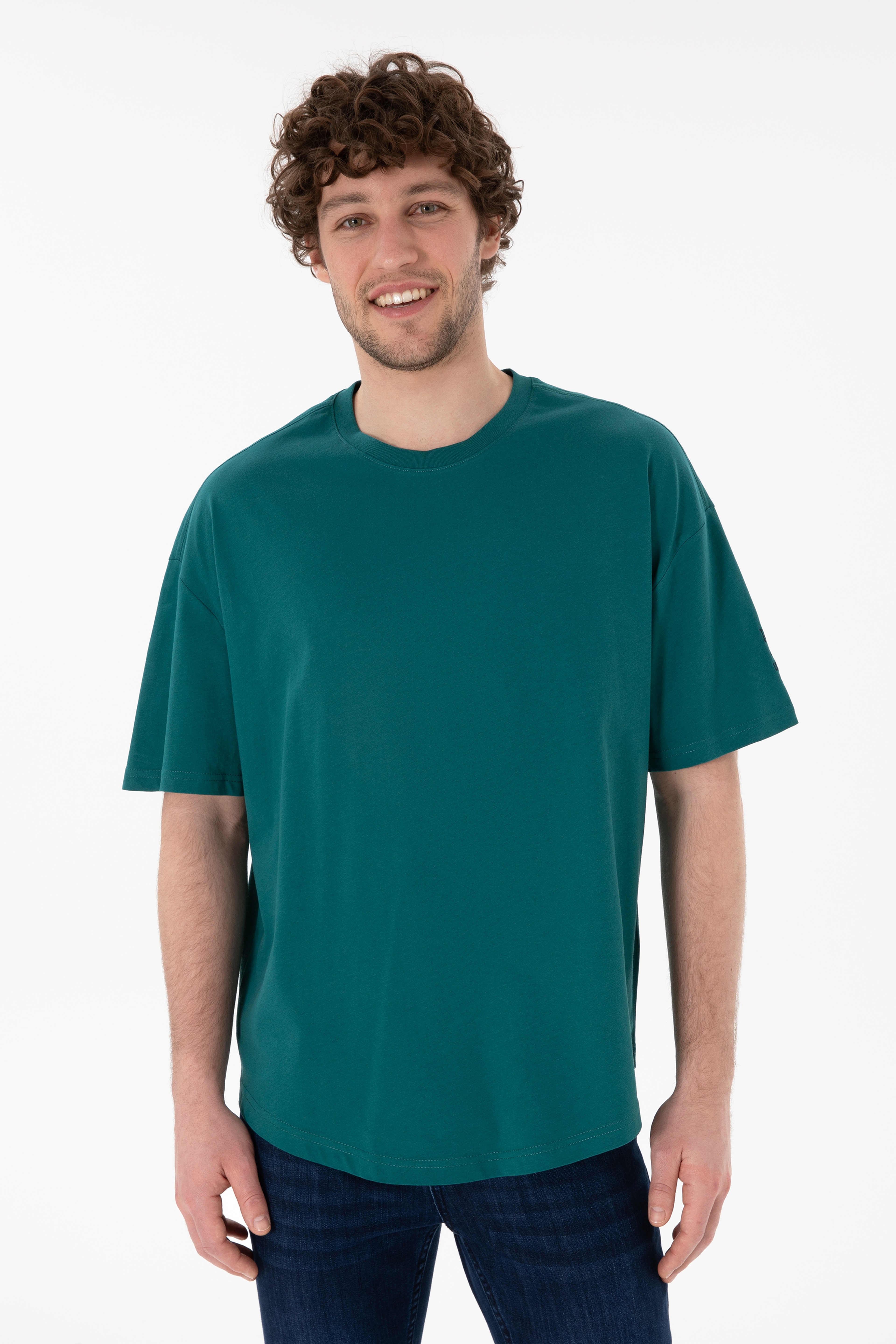 Erkek Long Fit Bisiklet Yaka Koyu Yeşil Basic Tişört - Image 4