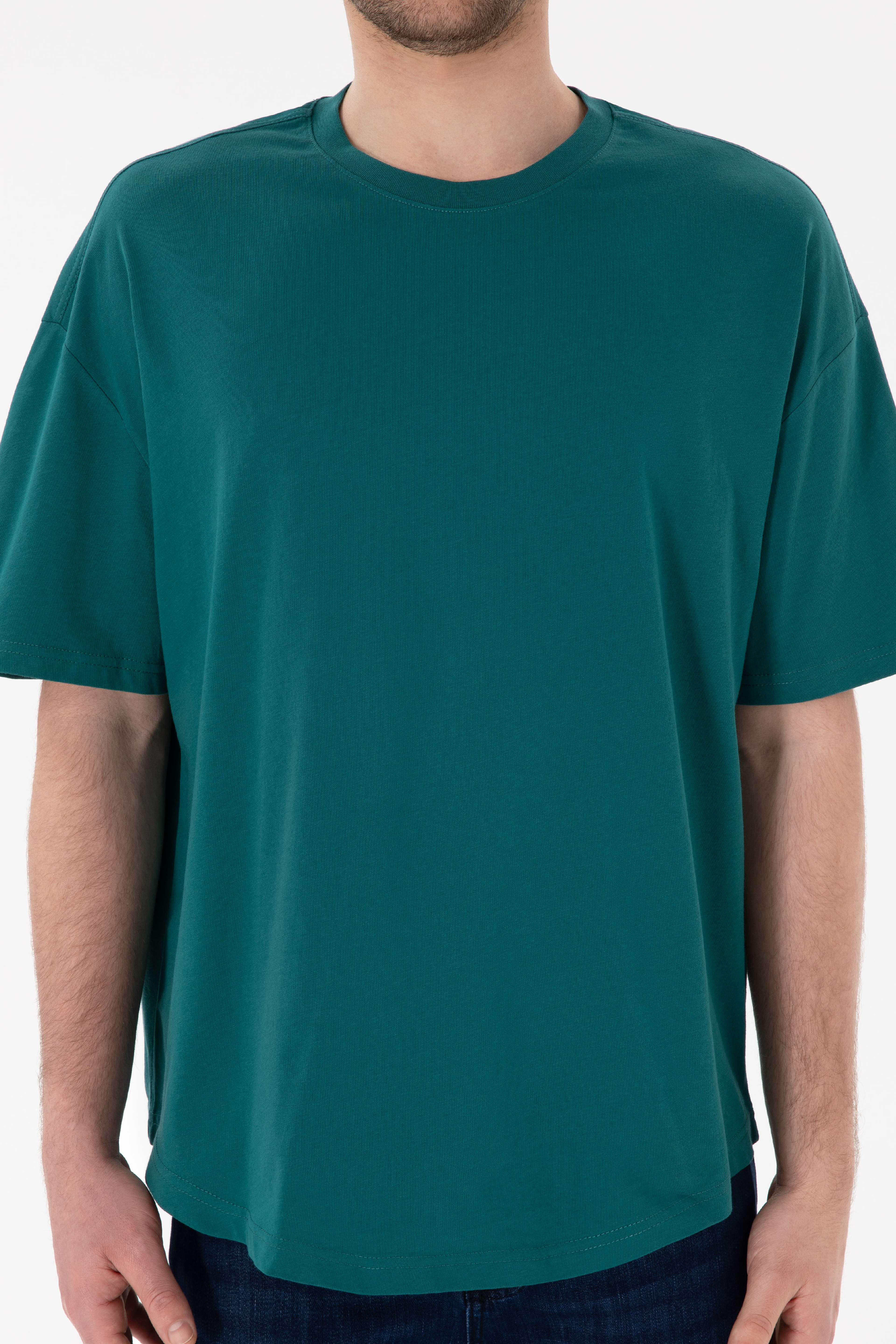 Erkek Long Fit Bisiklet Yaka Koyu Yeşil Basic Tişört - Image 7