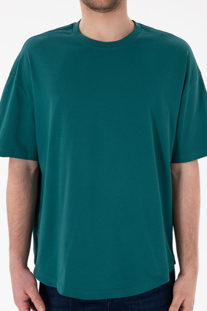 Erkek Long Fit Bisiklet Yaka Koyu Yeşil Basic Tişört