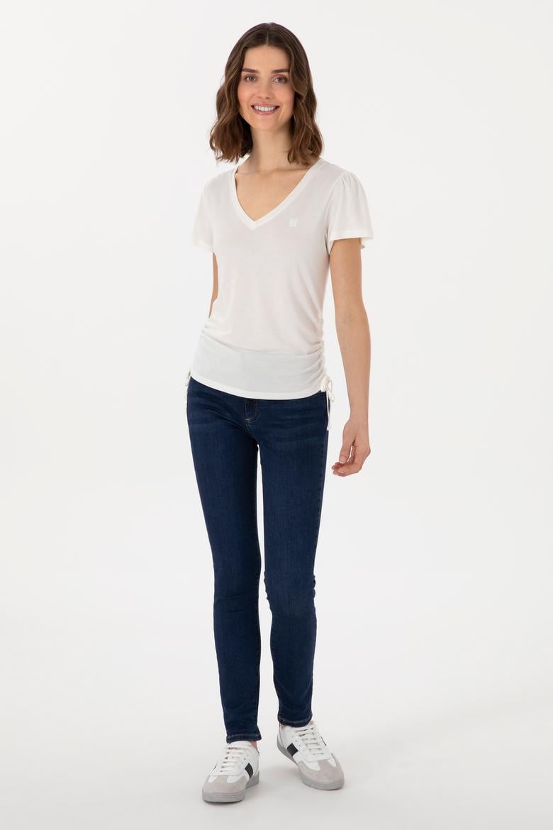 Kadın Krem V Yaka Tişört - 50300758017