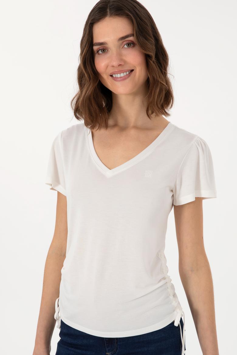 Kadın Krem V Yaka Tişört - 50300758017