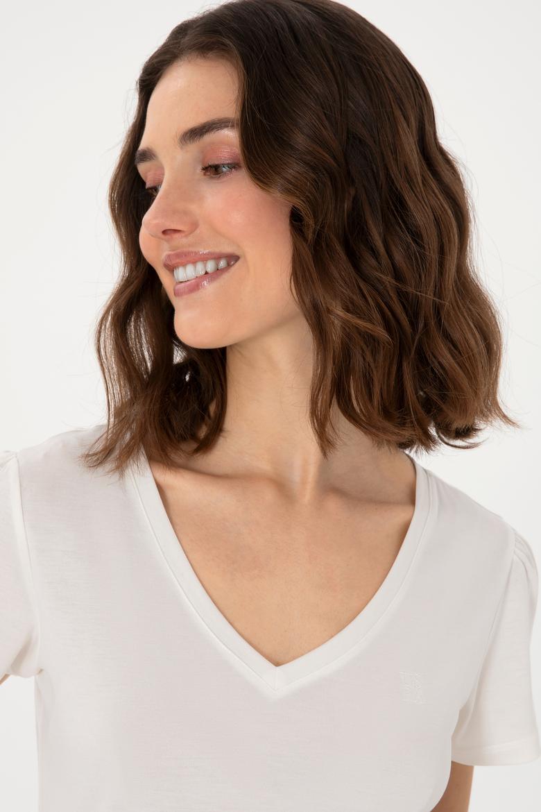 Kadın Krem V Yaka Tişört - 50300758017