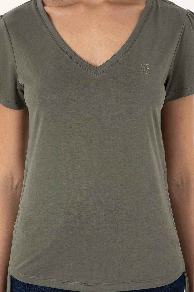 Kadın Koyu Haki V Yaka Tişört - 50300758028