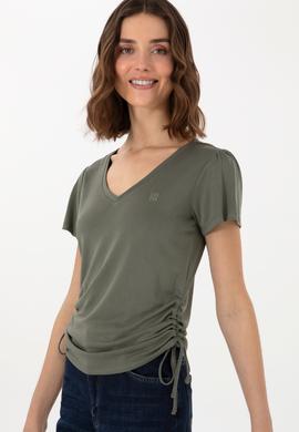 Kadın Koyu Haki V Yaka Tişört - 50300758028