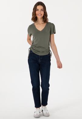 Kadın Koyu Haki V Yaka Tişört - 50300758028