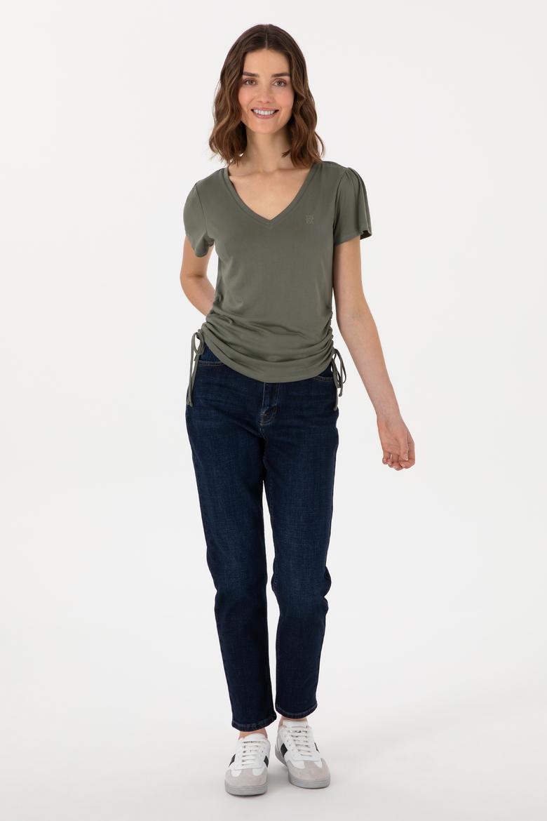 Kadın Koyu Haki V Yaka Tişört - 50300758028