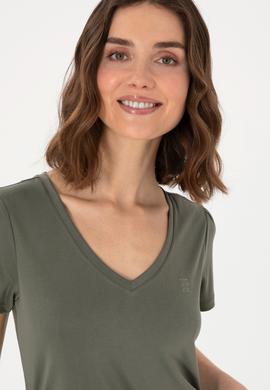 Kadın Koyu Haki V Yaka Tişört - 50300758028