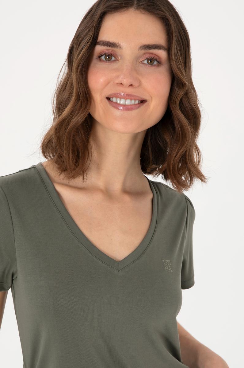 Kadın Koyu Haki V Yaka Tişört