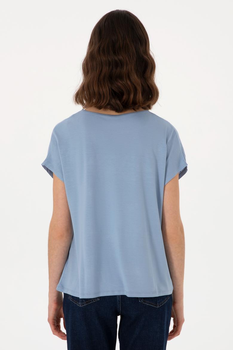 Kadın Mavi V Yaka Tişört - 50300784013