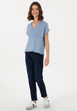 Kadın Mavi V Yaka Tişört - 50300784013