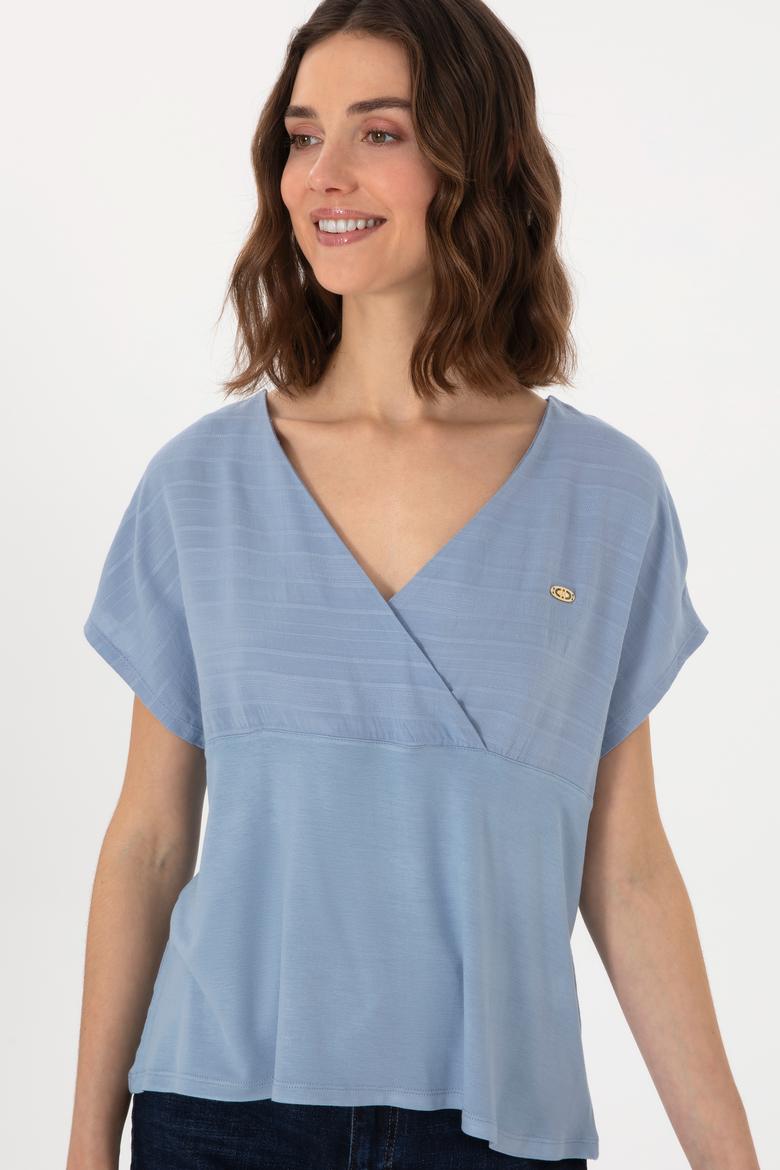 Kadın Mavi V Yaka Tişört - 50300784013