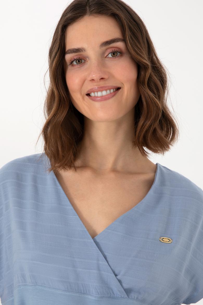Kadın Mavi V Yaka Tişört - 50300784013