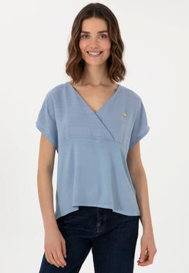 Kadın Mavi V Yaka Tişört - 50300784013