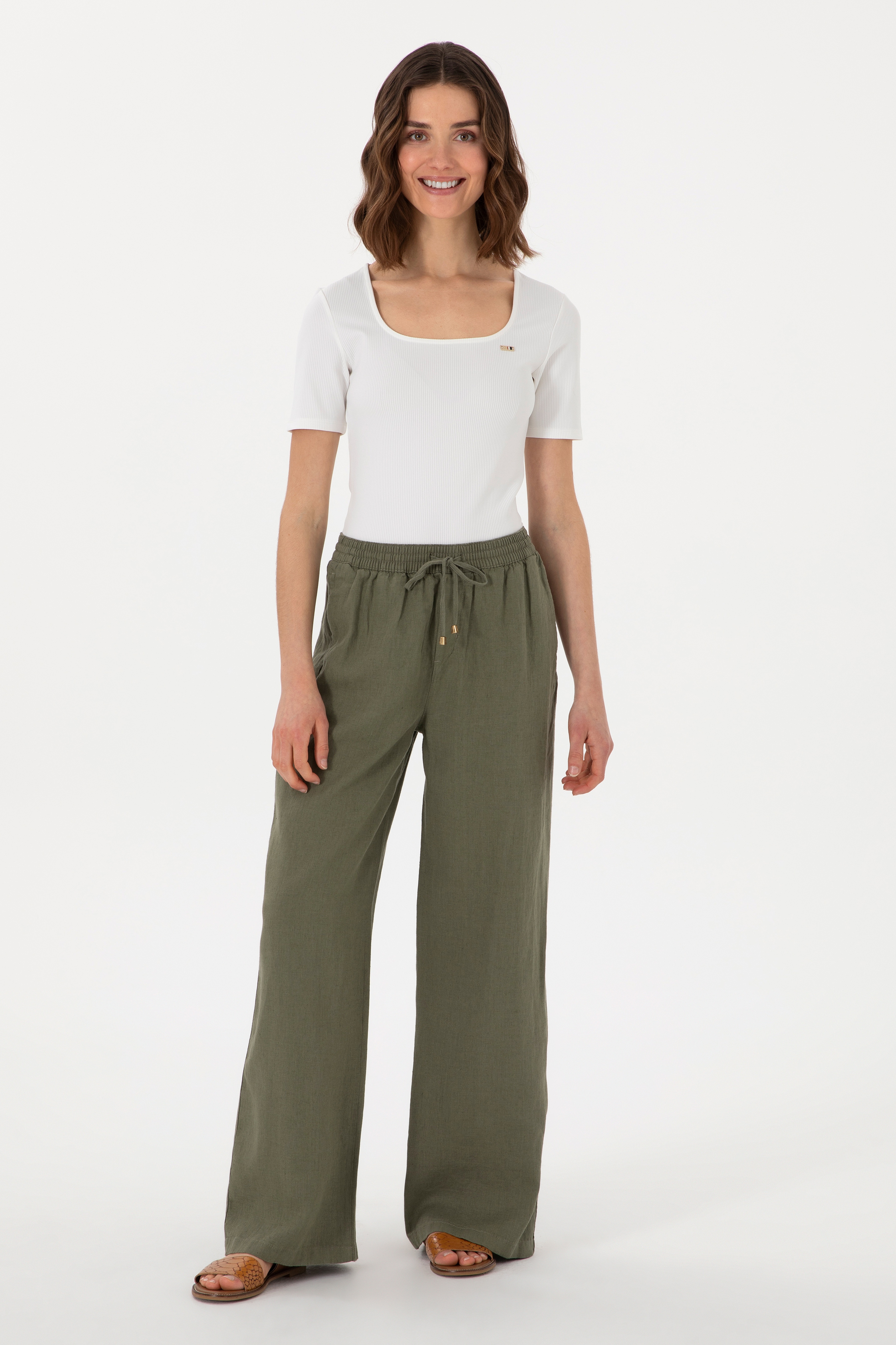 Kadın Koyu Haki Loose Relax Fit Kanvas Pantolon - Image 1