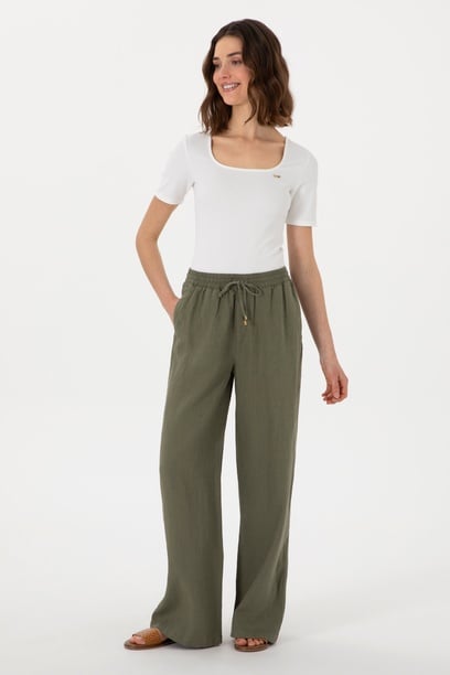 Kadın Koyu Haki Loose Relax Fit Kanvas Pantolon