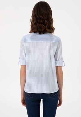 Kadın Mavi Uzun Kollu Çizgili Gömlek - 50299682005