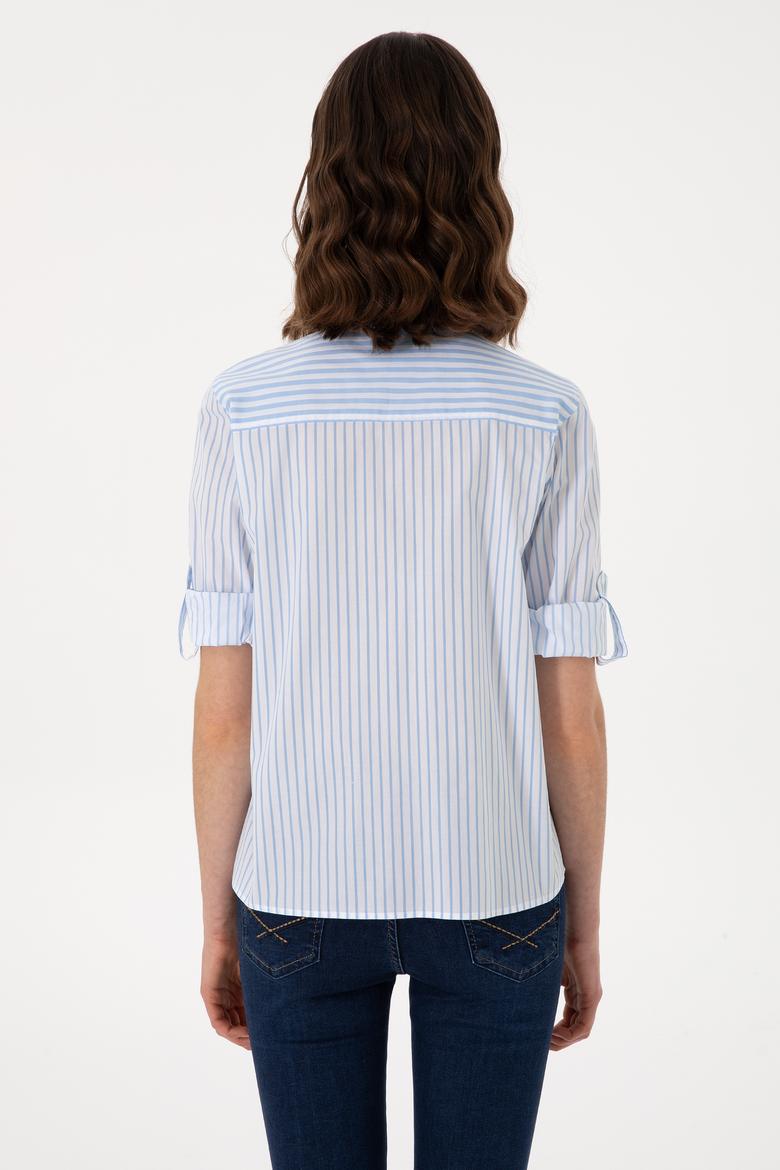 Kadın Mavi Uzun Kollu Çizgili Gömlek - 50299682005