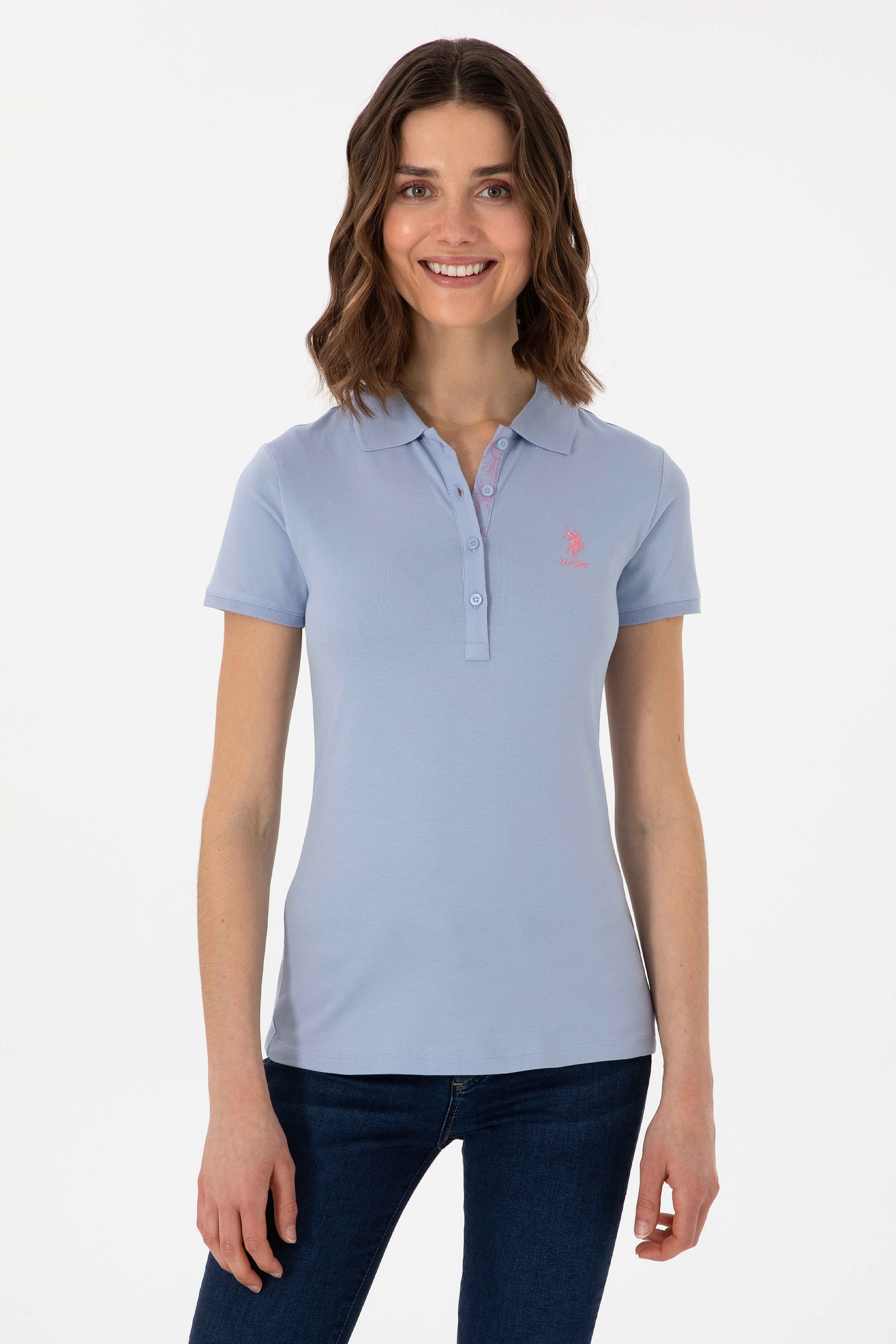 Kadın Açık Mavi Basic Polo Yaka Tişört - Image 1