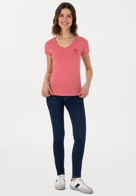 Kadın Koyu Pembe V Yaka Basic Tişört - 50300828025