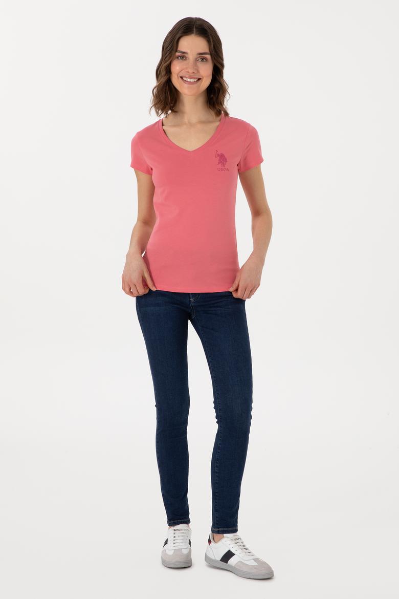 Kadın Koyu Pembe V Yaka Basic Tişört - 50300828025