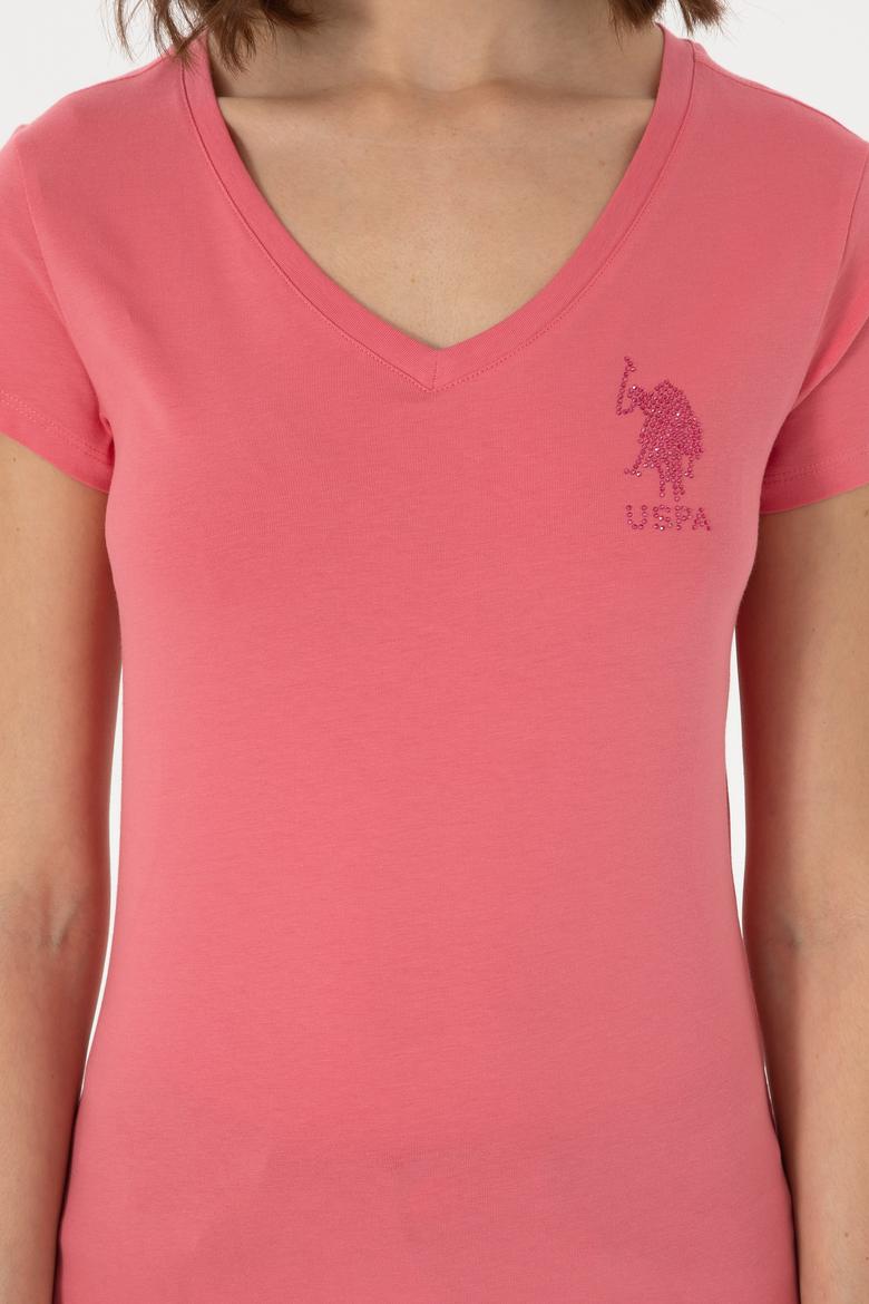 Kadın Koyu Pembe V Yaka Basic Tişört - 50300828025