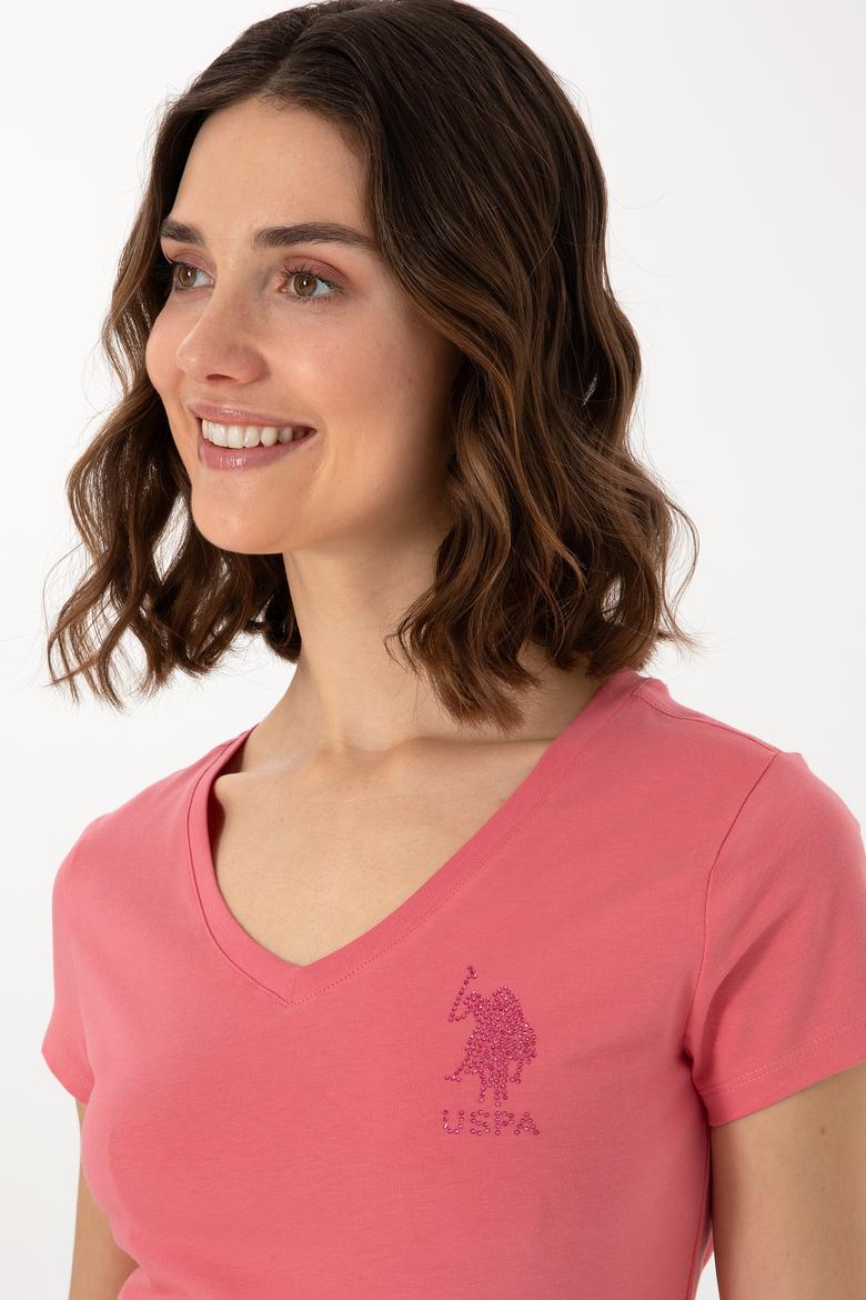 Kadın Koyu Pembe V Yaka Basic Tişört - 50300828025