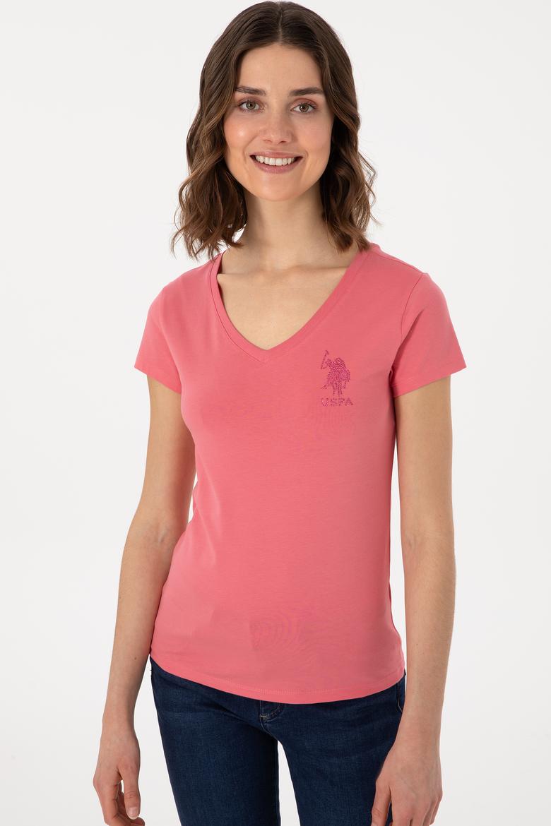 Kadın Koyu Pembe V Yaka Basic Tişört - 50300828025