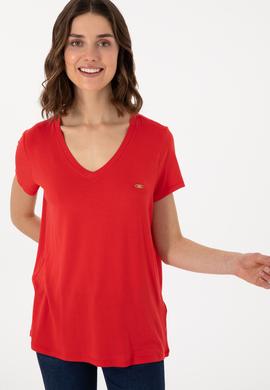 Kadın Kırmızı V Yaka Basic Tişört - 50280019017